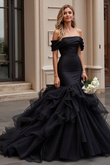 Ruffled Mermaid Off The Shoulder Black Wedding Dress